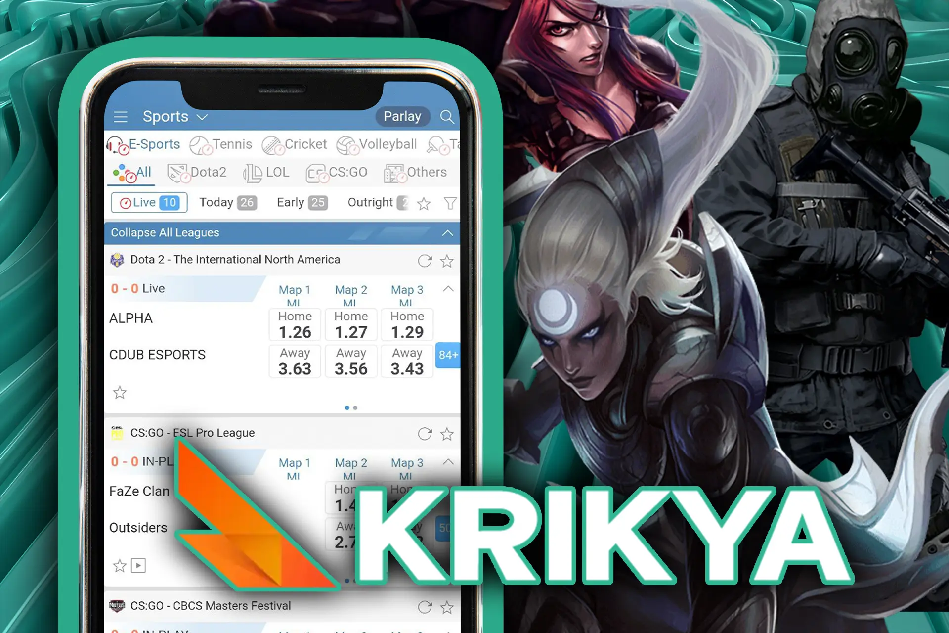 Place bets on DOTA, LOL and other cybersports in the Krikya app.