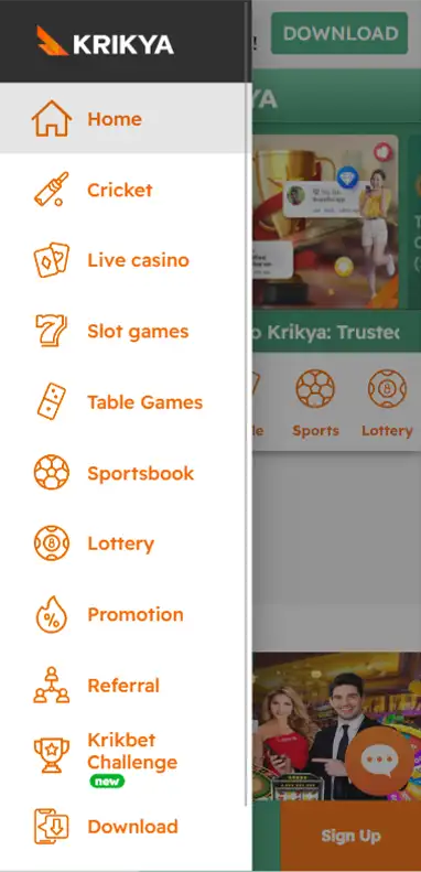 The Krikya app menu.