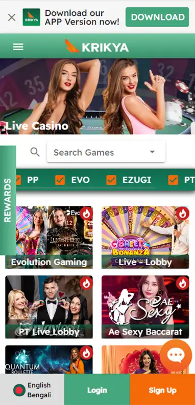 The Krikya app casino page.