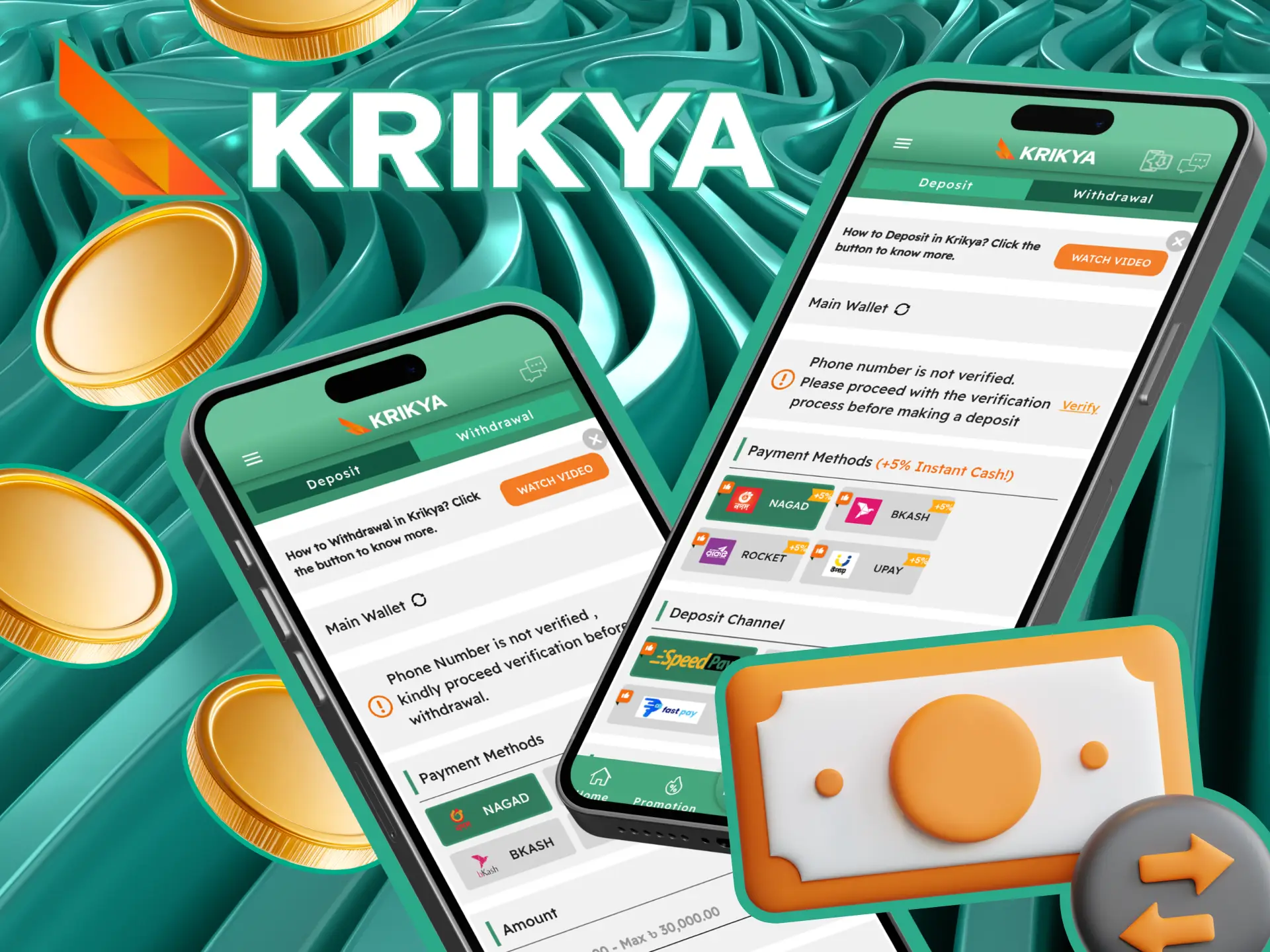 Choose a convenient method for depositing and withdrawing money in the Krikya online casino application.