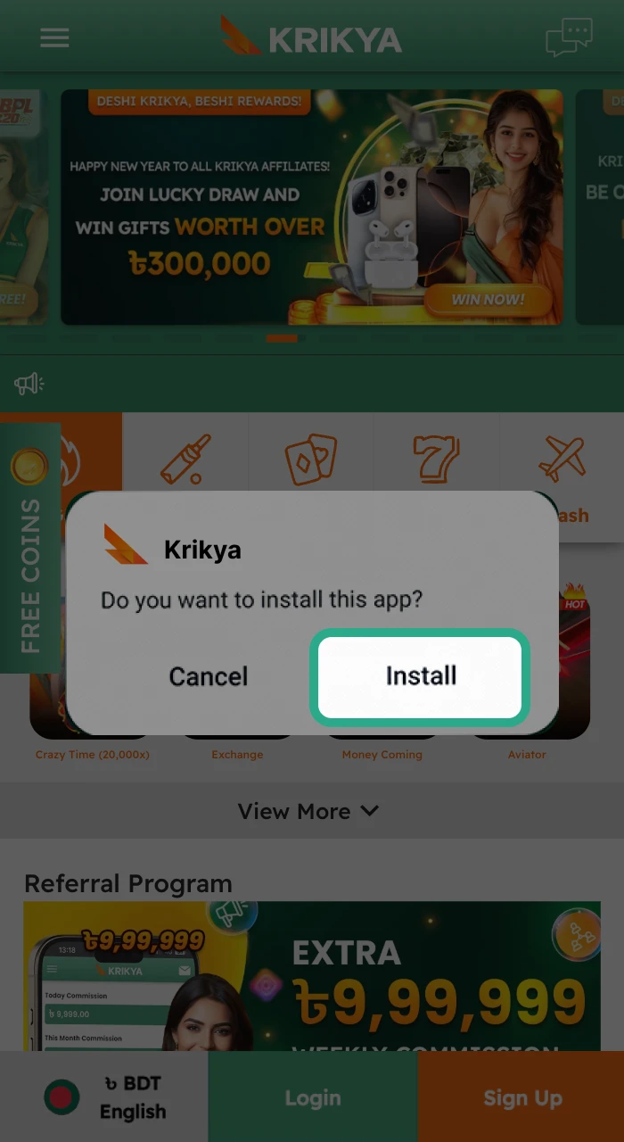 Finish the installation of the Krikya downloaded apk by pressing the "Install" button to start enjoying mobile casino and betting features.