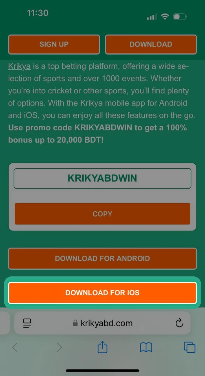 Access the Krikya Casino mobile site through Safari by selecting the "Download for iOS" button to begin your gaming experience.