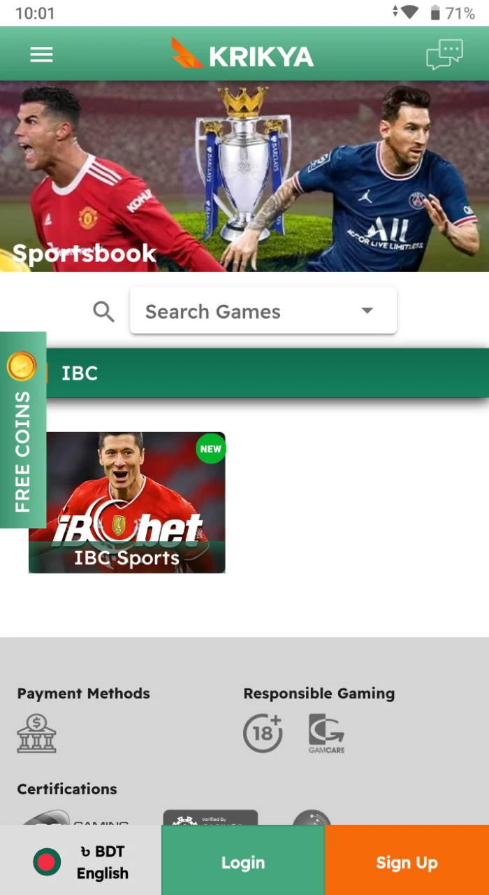 We offer the Krikya bet app's sportsbook section, providing users in Bangladesh with access to a wide range of sports events, live odds, and betting options.