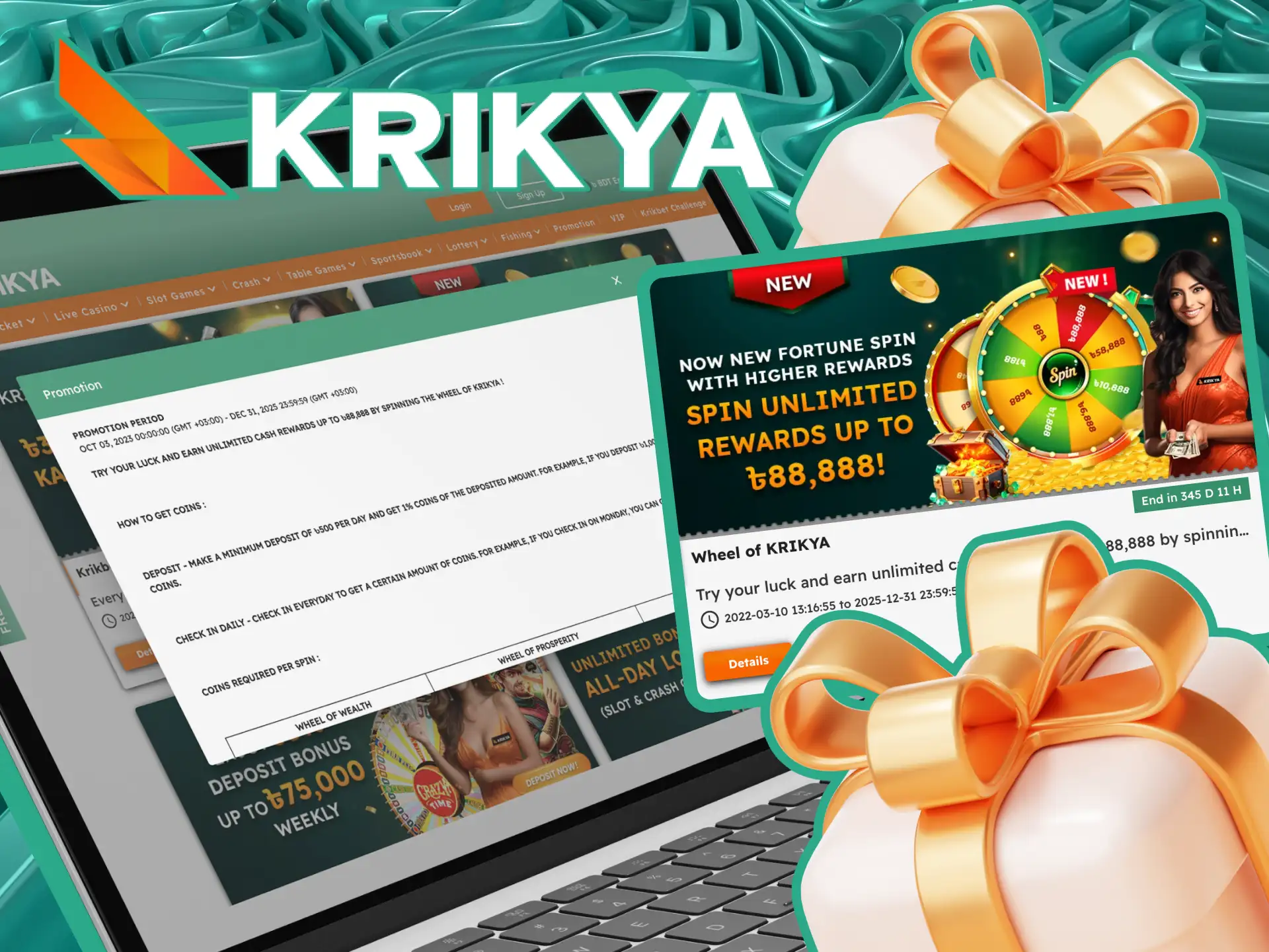 Spin the wheel every day at the Krikya online casino and win coins.