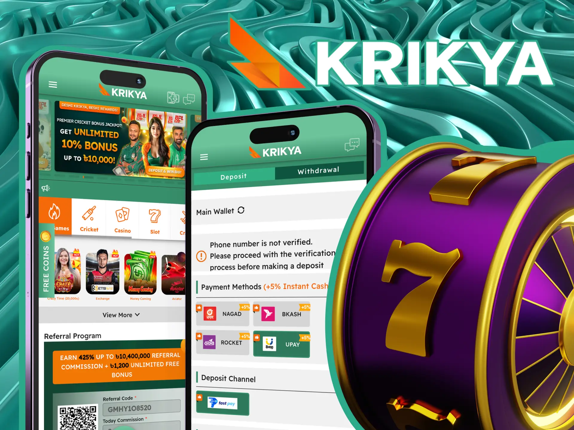 You can make a deposit at Krikya online casino on your phone.