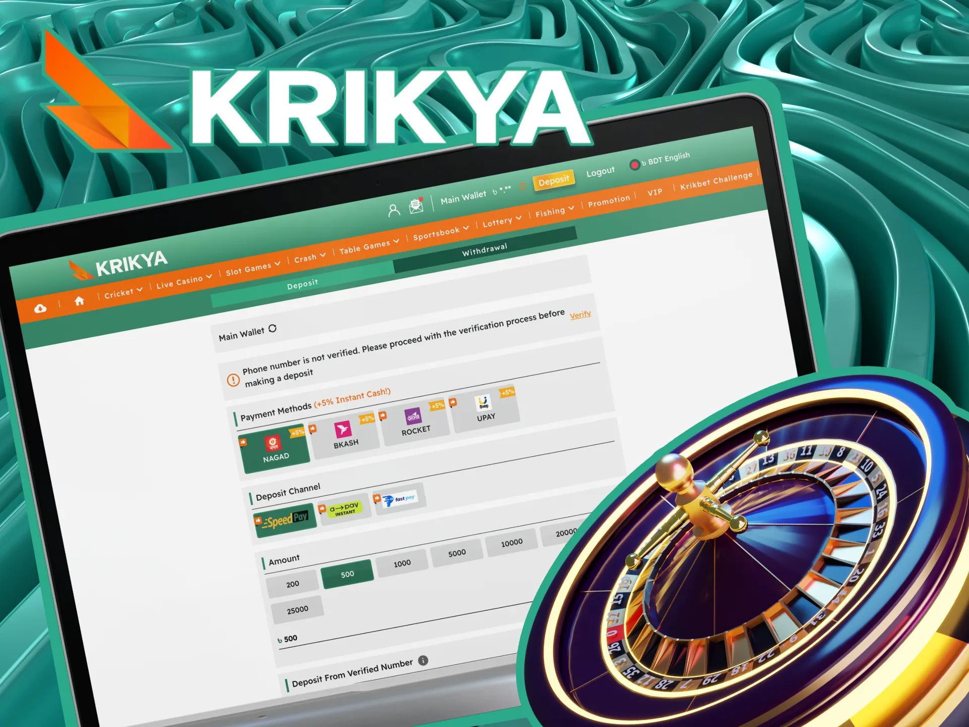 Before making a deposit at Krikya online casino, check your account details.