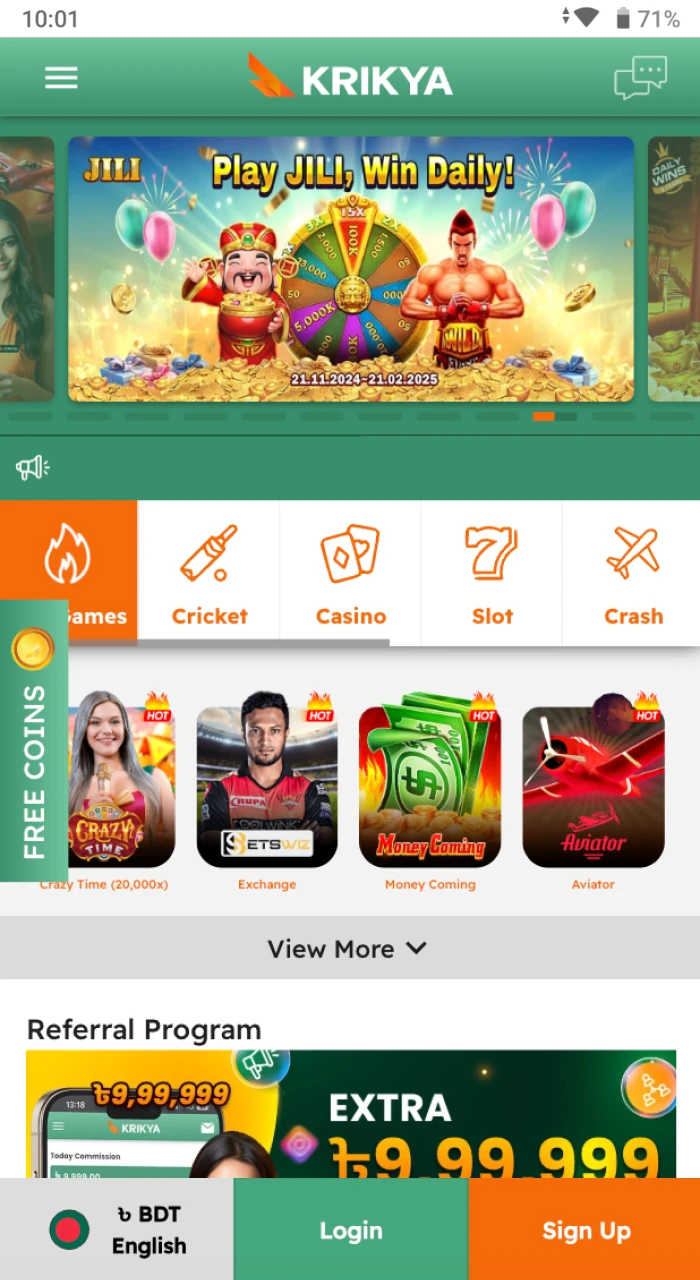 We offer a user-friendly home page interface on Krikya’s website, providing easy access to online casino games and sports betting for players in Bangladesh.