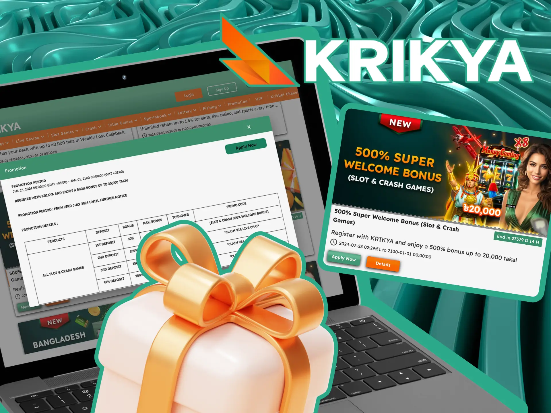 Krikya offers generous welcome bonuses for new players in Bangladesh, including 100% up to 15,000 taka for sports betting, 500% up to 20,000 taka for casino, and more.