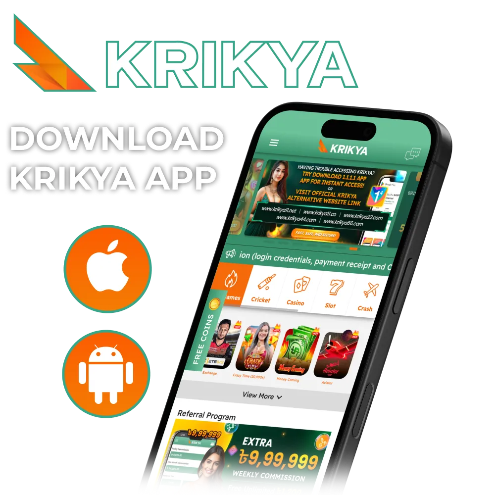 Download the Krikya apps for Android and iOS in Bangladesh to enjoy mobile casino and betting features, plus claim a 500% Super Welcome Bonus with promo code KRIKYABDDWIN.