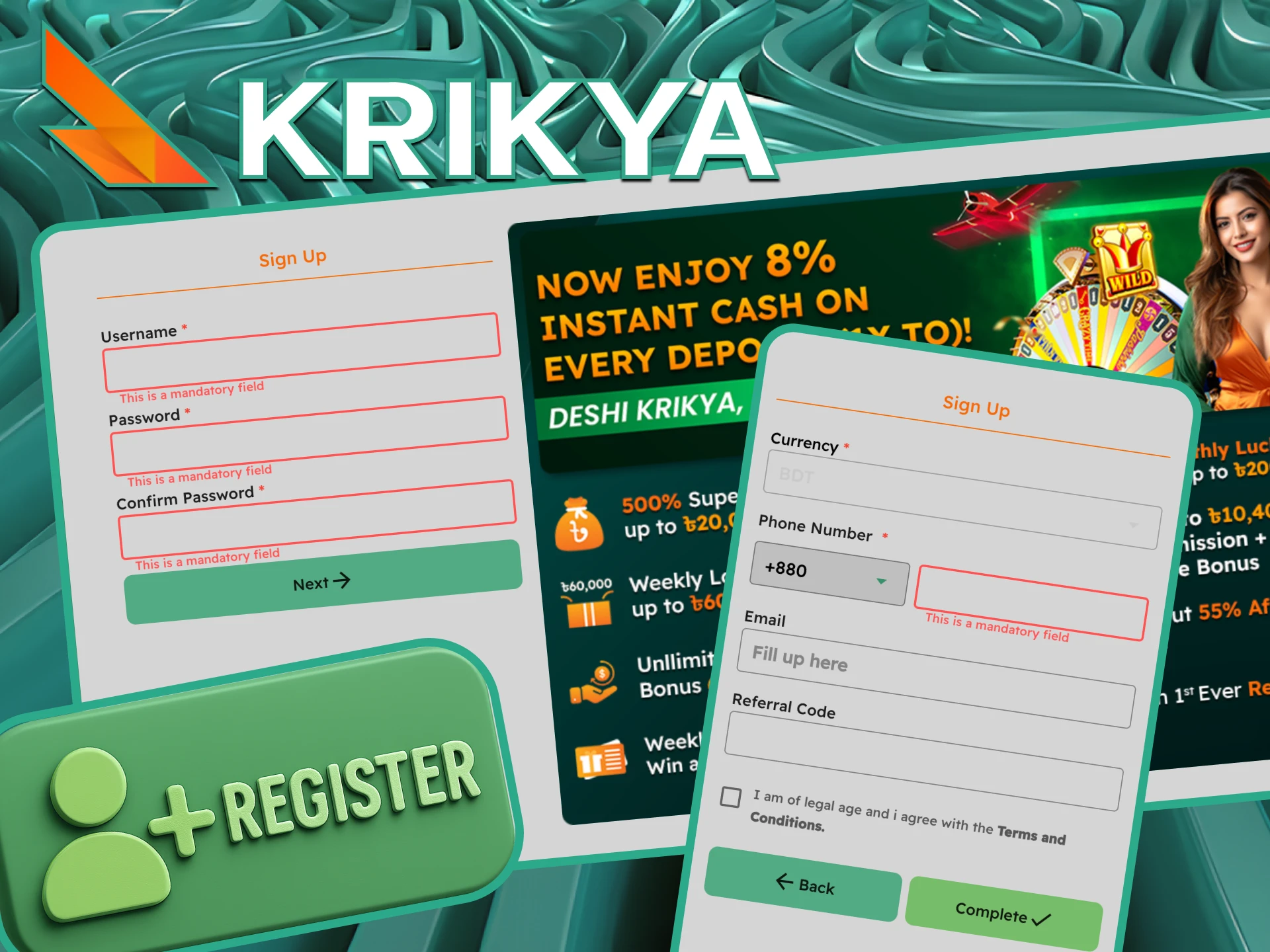 We offer a quick and easy registration process on the Krikya website, allowing users in Bangladesh to sign up, enter a promo code, and start betting within minutes.