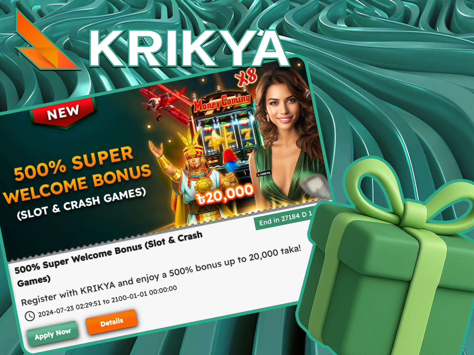 Krikya offers generous welcome bonuses for new players in Bangladesh, including 100% up to 15,000 taka for sports betting, 500% up to 20,000 taka for casino, and more.