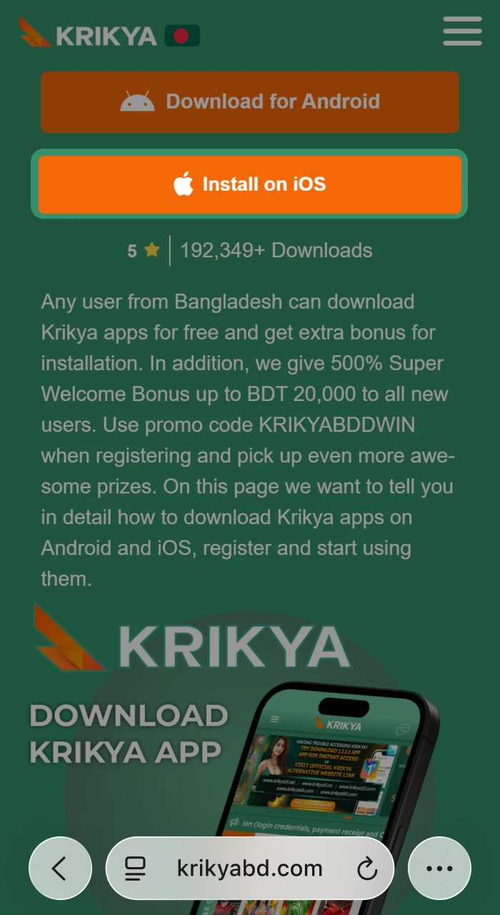 Access the Krikya Casino mobile site through Safari by selecting the "Download for iOS" button to begin your gaming experience.
