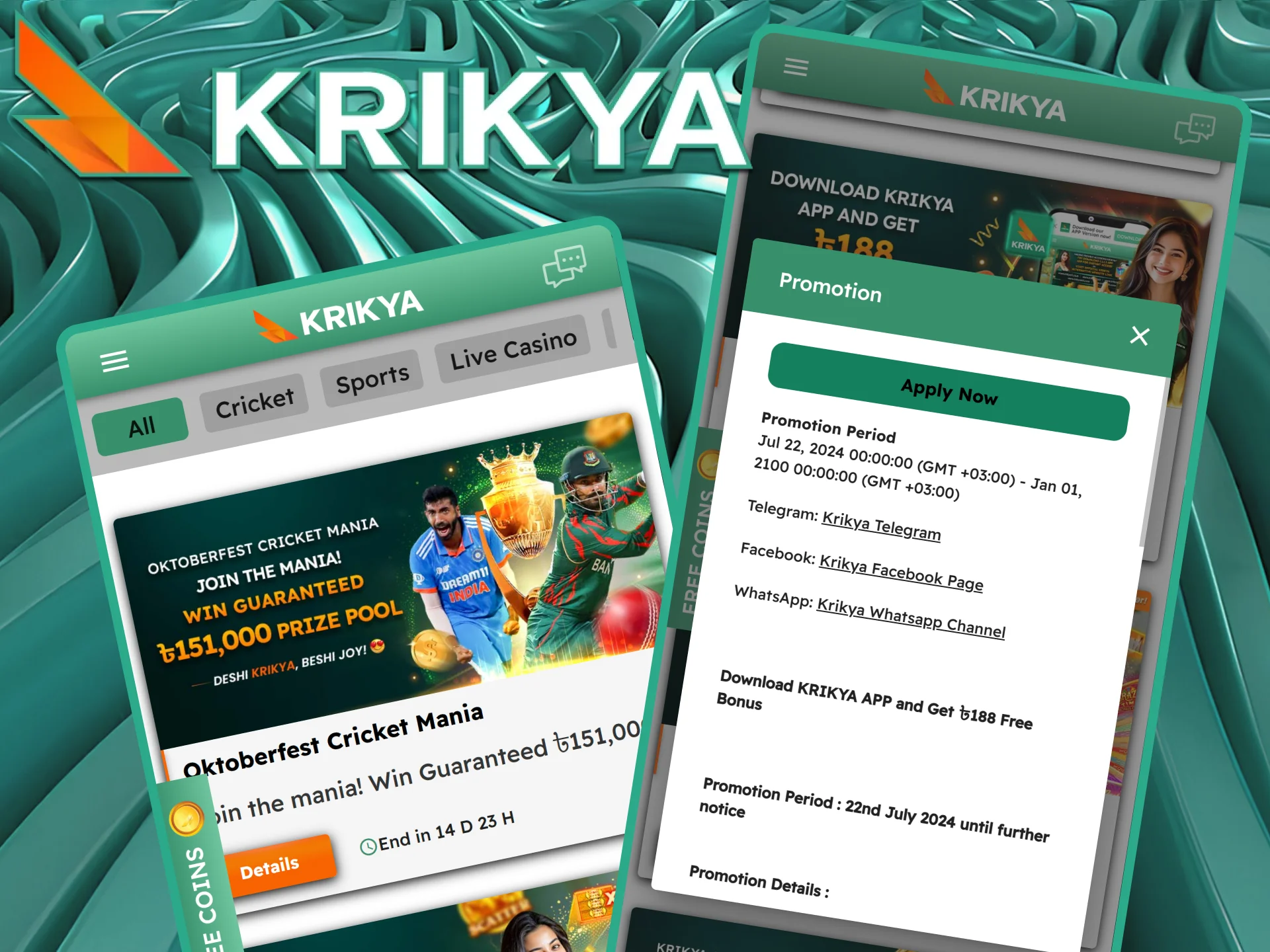 Claim your BDT 188 bonus for free by installing the Krikya bet app and enjoy exclusive promotions for casino games and sports betting.