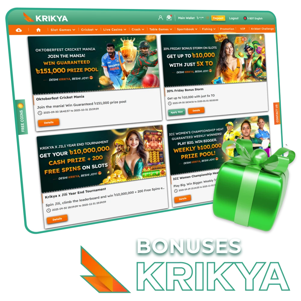 Get your bonuses at Krikya online casino and play your favorite games.
