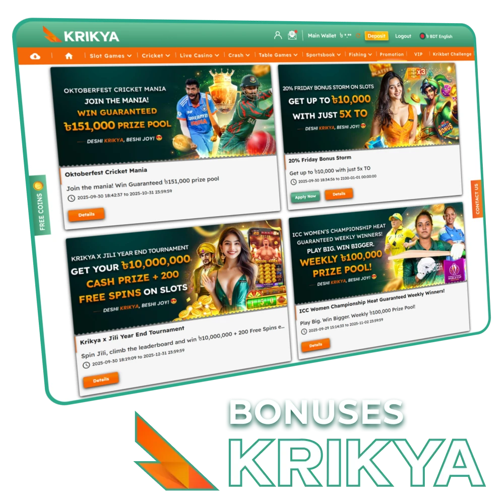 Get your bonuses at Krikya online casino and play your favorite games.