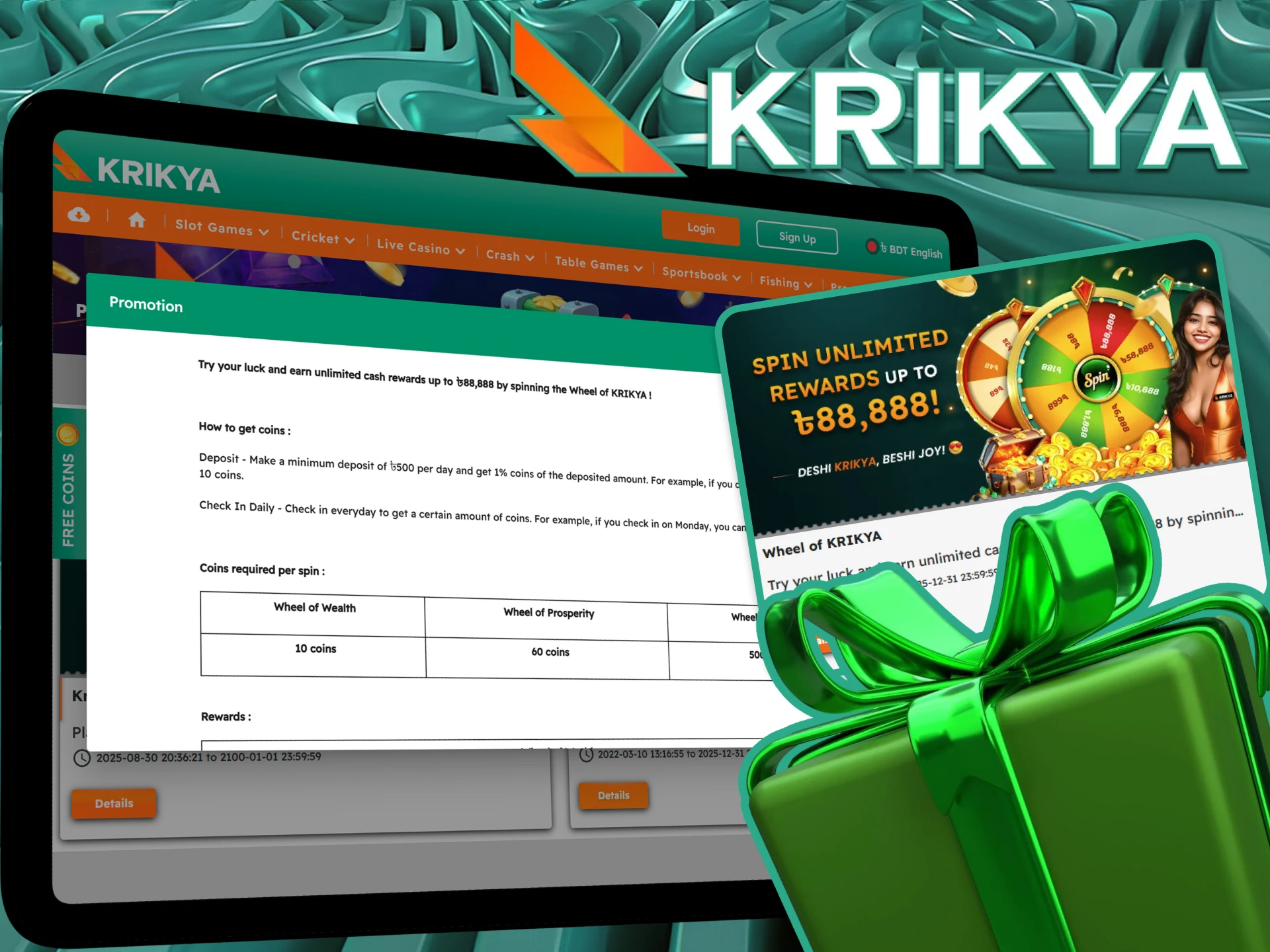 Spin the wheel every day at the Krikya online casino and win coins.