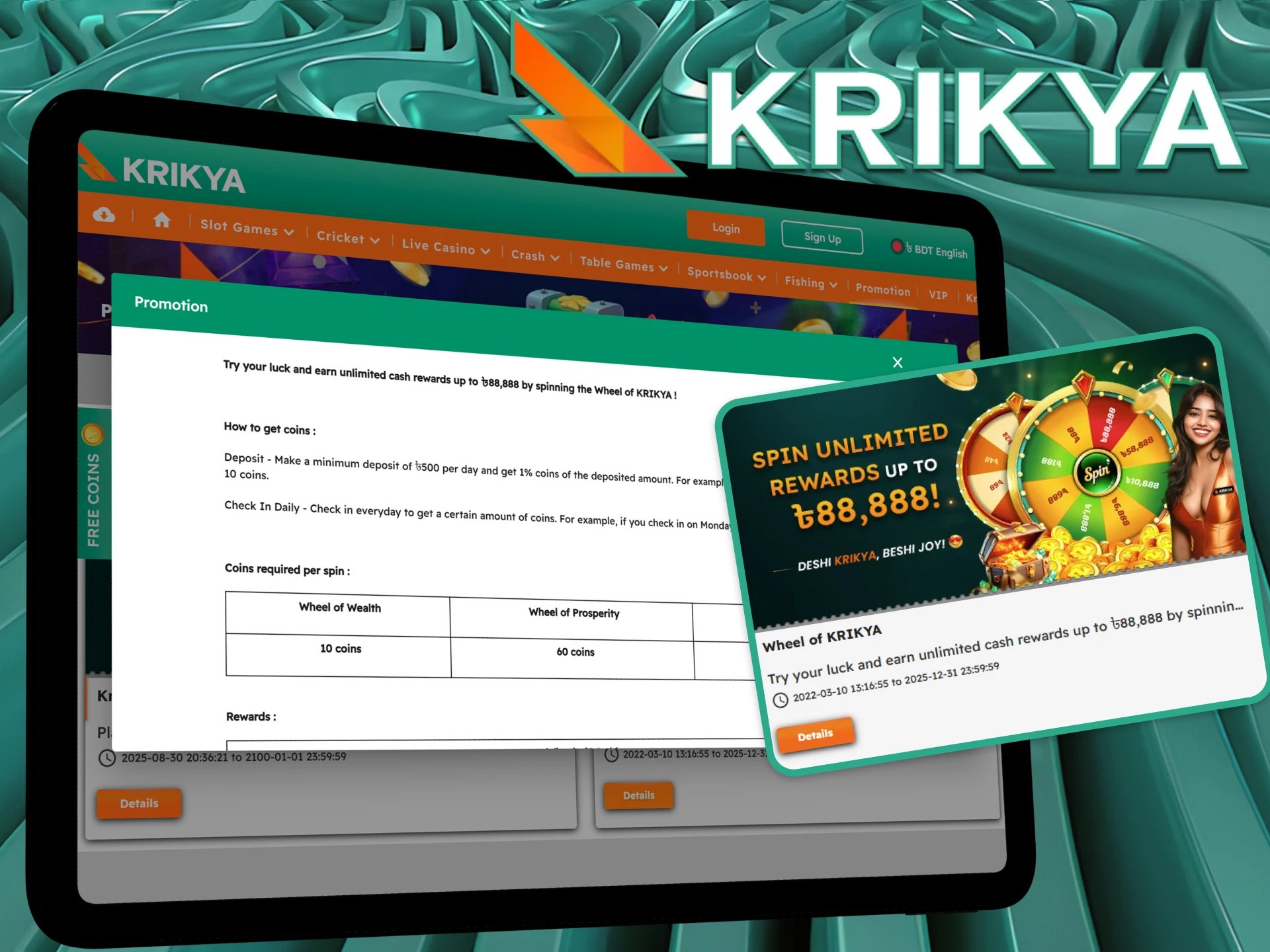 Spin the wheel every day at the Krikya online casino and win coins.
