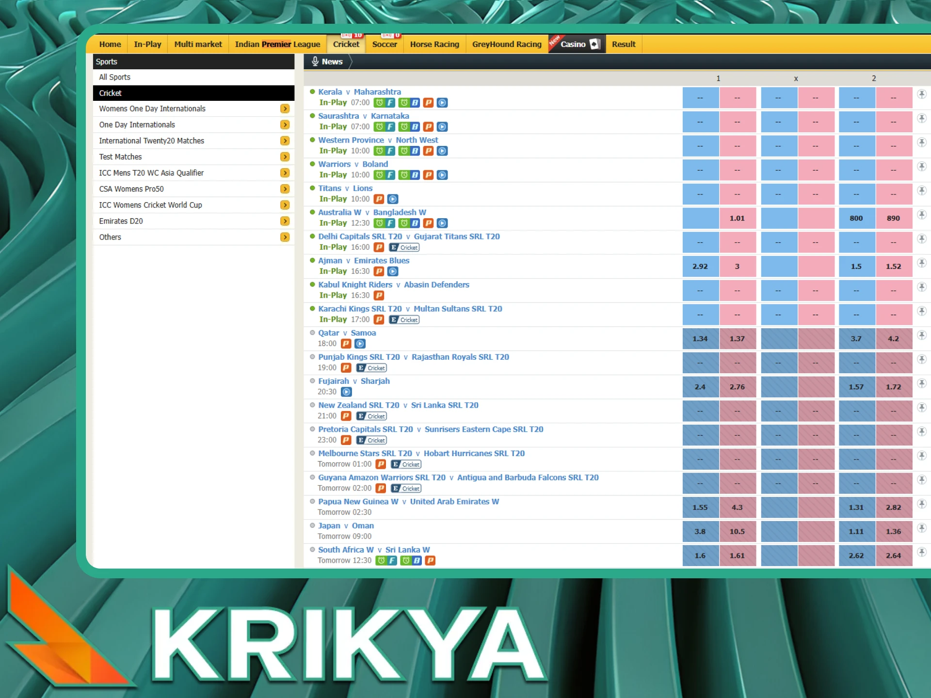Place bets on Bangladesh Premier League cricket tournaments on the Krikya online casino website.