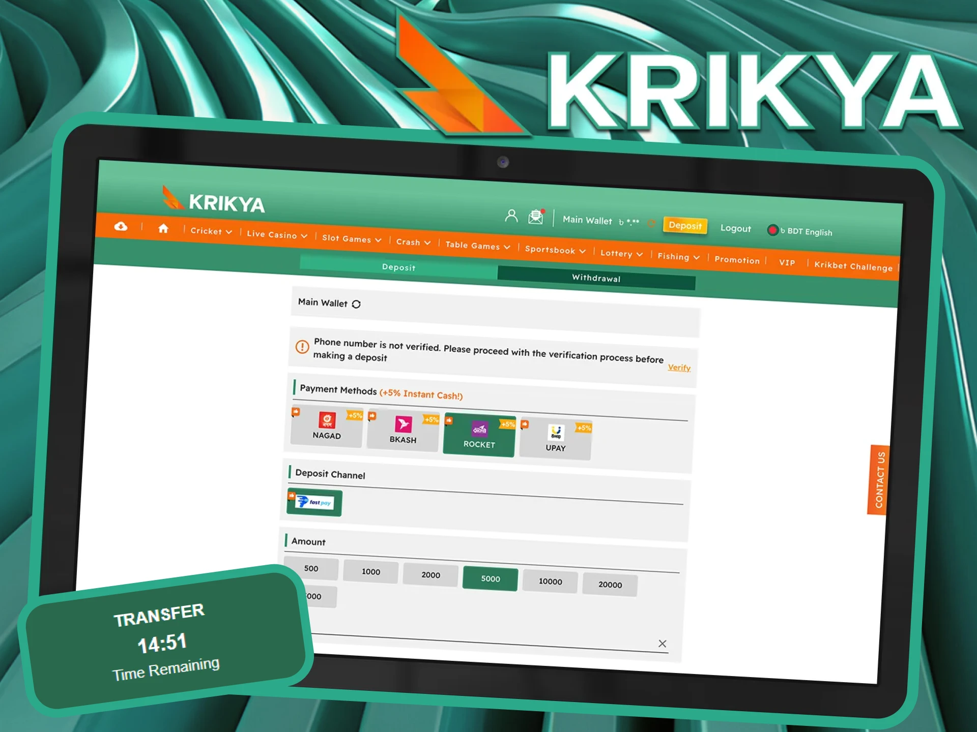 Krikya Online Casino offers only the fastest deposit methods.