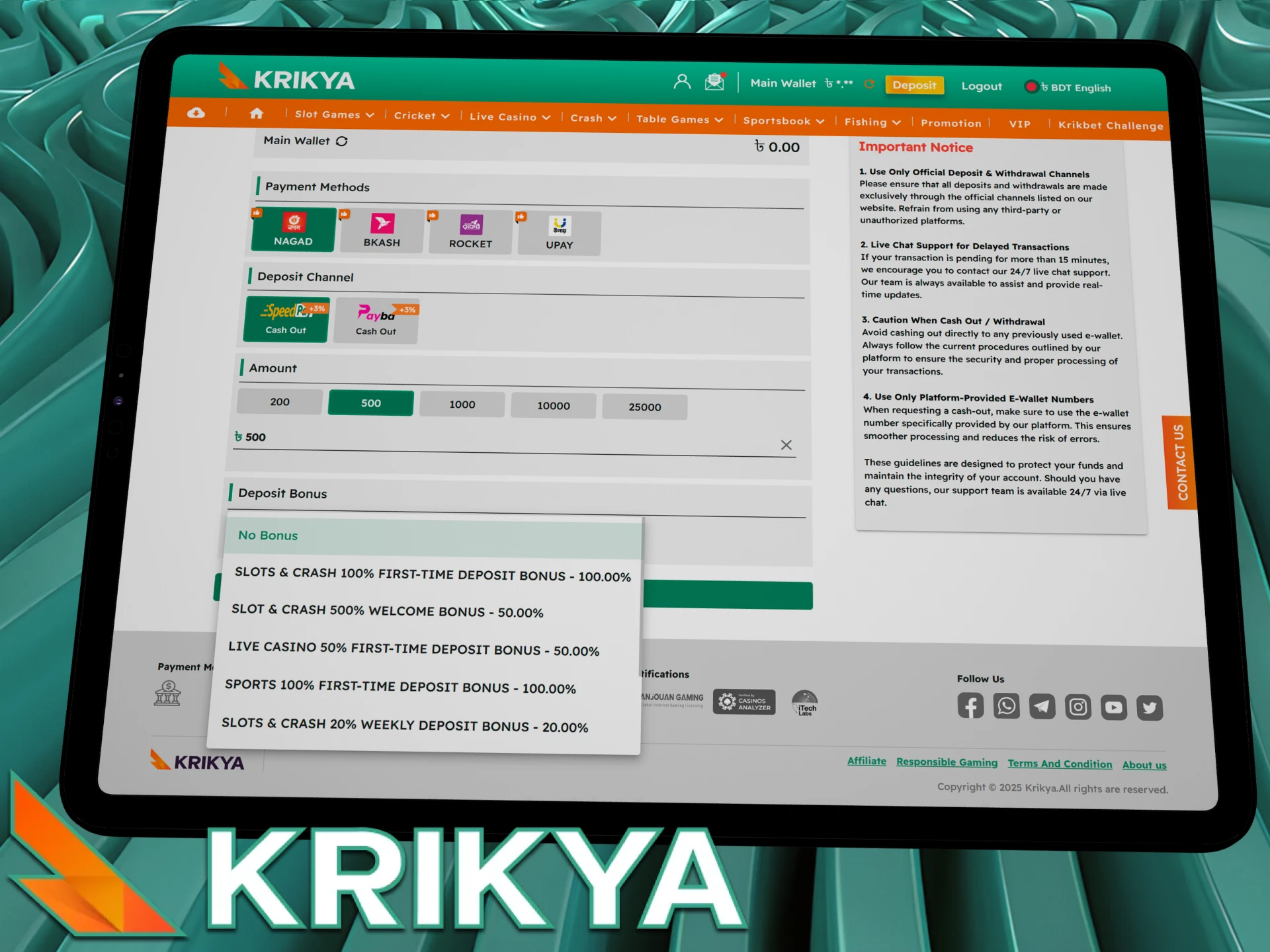 Receive a welcome bonus on your first deposit at Krikya online casino.
