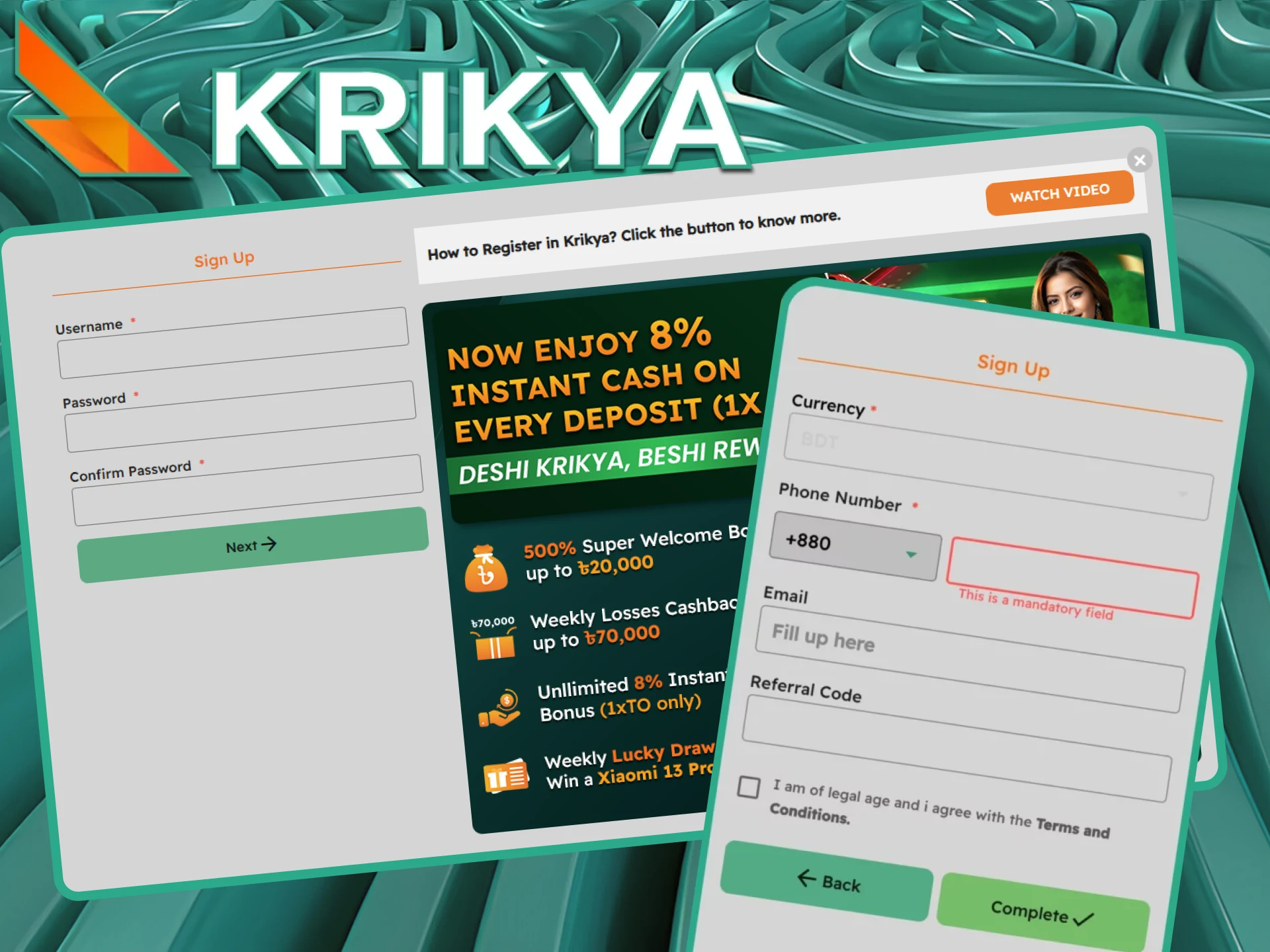 We offer a quick and easy registration process on the Krikya website, allowing users in Bangladesh to sign up, enter a promo code, and start betting within minutes.
