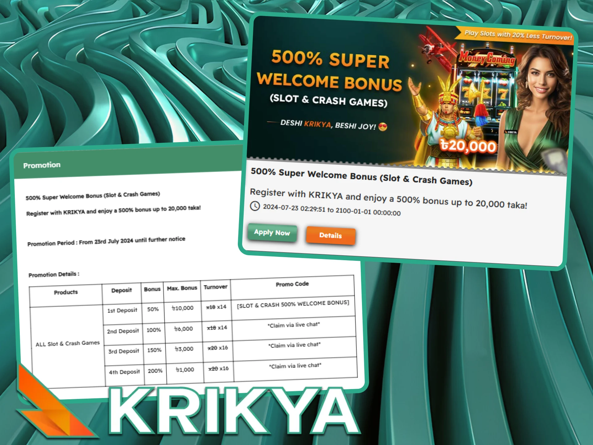 Krikya offers generous welcome bonuses for new players in Bangladesh, including 100% up to 15,000 taka for sports betting, 500% up to 20,000 taka for casino, and more.