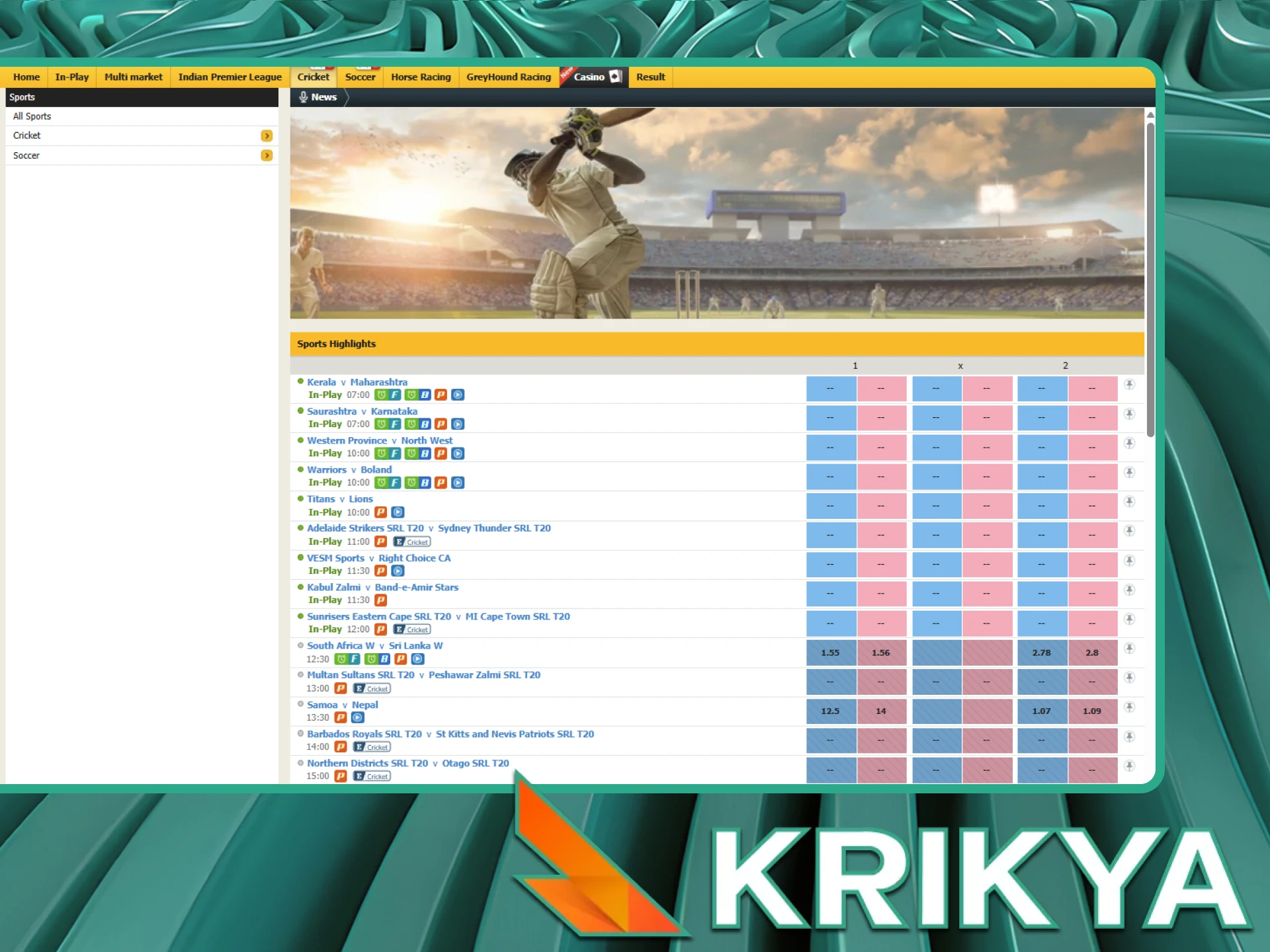 Krikya offers you to place bets right during the match.