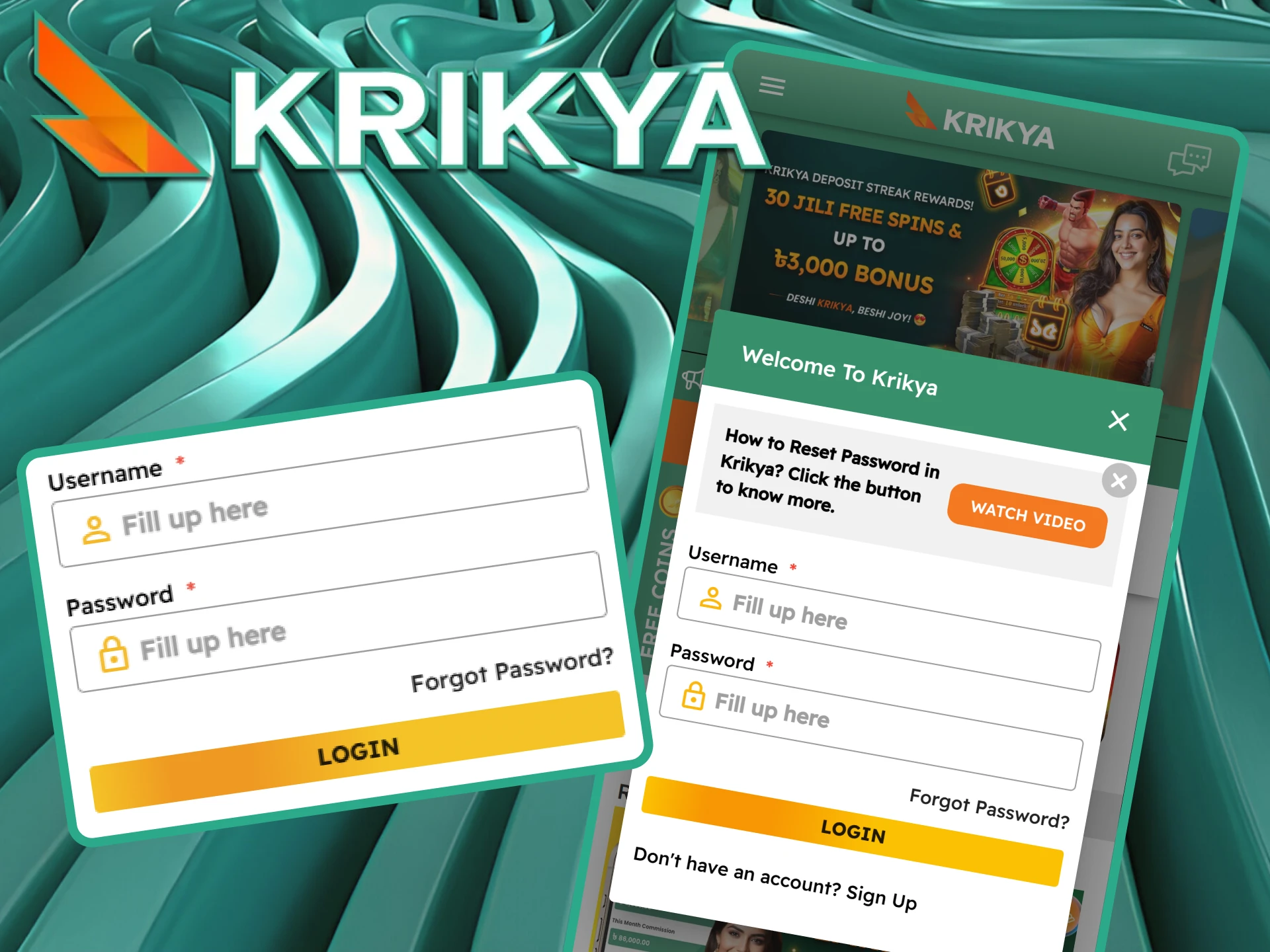 Easily log in to your Krikya bet app account by entering your username and password for quick access to betting, casino features, and more.
