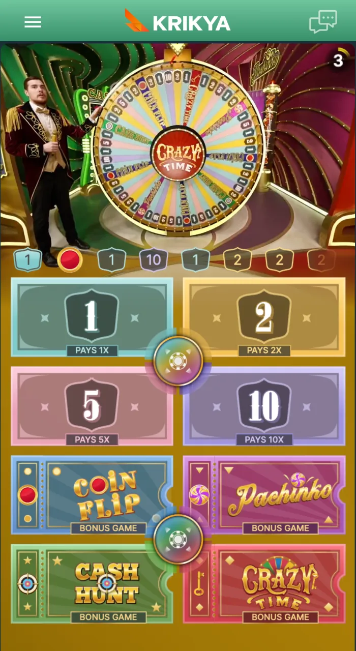 Use the Krikya Crazy Time betting interface to place your wagers on numbers and exclusive bonus segments.