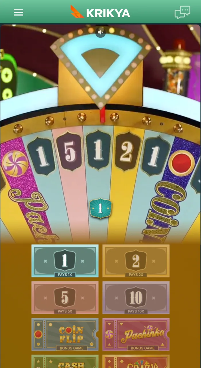 Access the official Crazy Time main game screen at Krikya to watch the live host spin the giant multiplier wheel.
