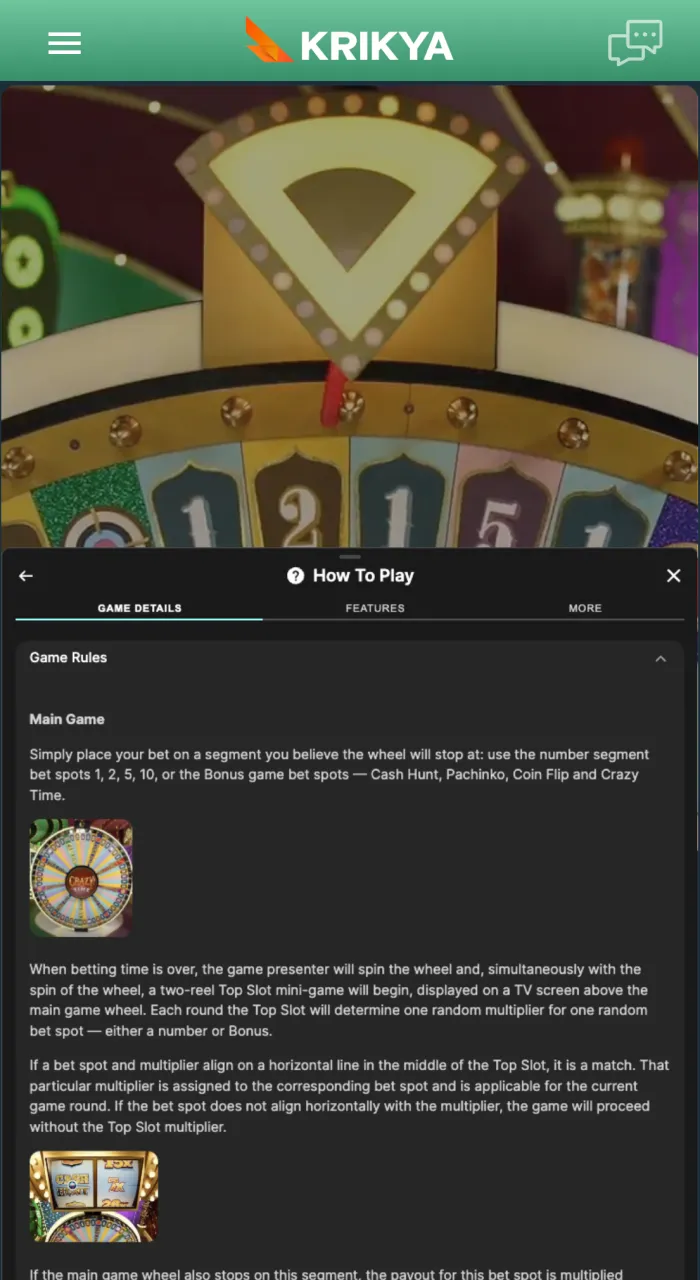 Review the official Crazy Time game rules on Krikya to understand the payout structure and bonus round mechanics.