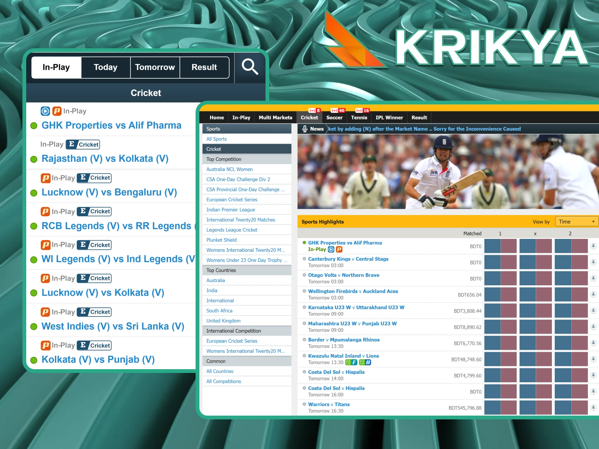Place your bets on Krikya live cricket betting to get the best odds on BPL and IPL matches.