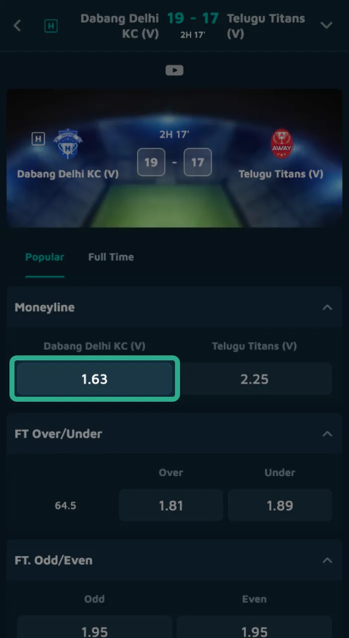 Select your preferred outcome and finalize the process of how to bet on Kabaddi at Krikya.